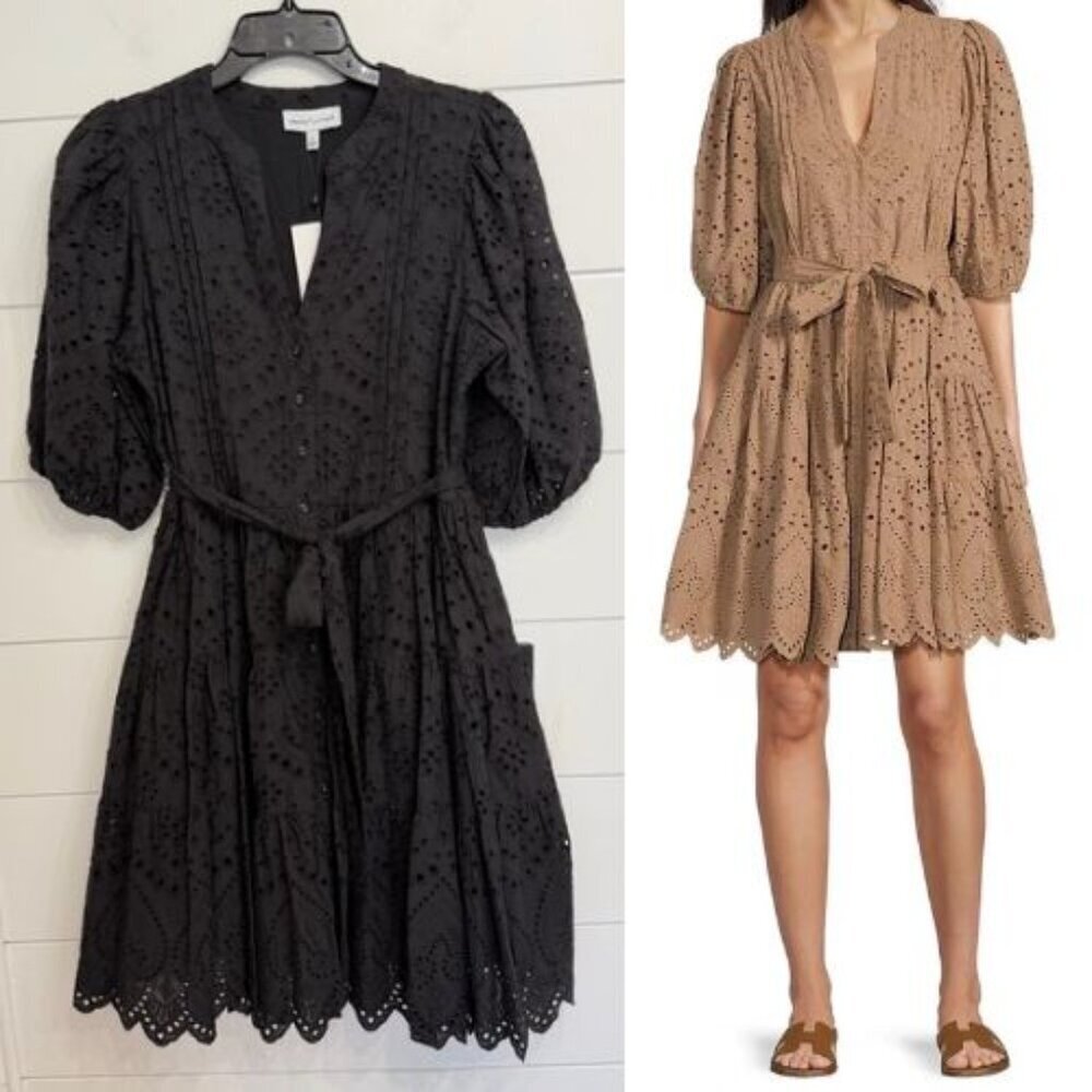 New! Gibson & Latimer Black Eyelet Button Down Belted Mini Dress 36039
